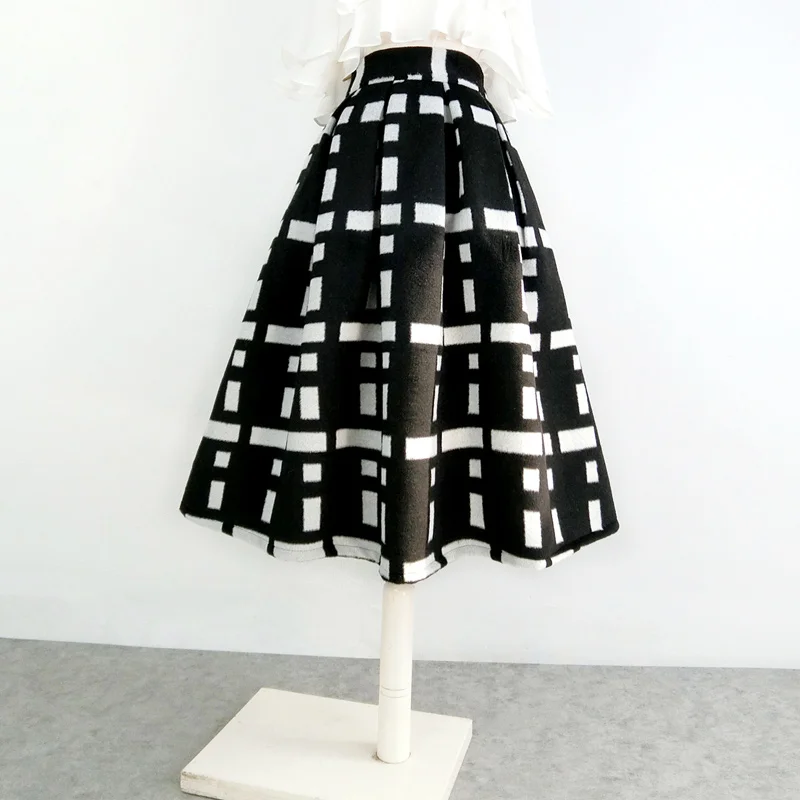 Winter Vintage Elegant Classic Ball Gown Women Black White Plaid High Waist Woolen Skirt Office Lady OL Work Wear