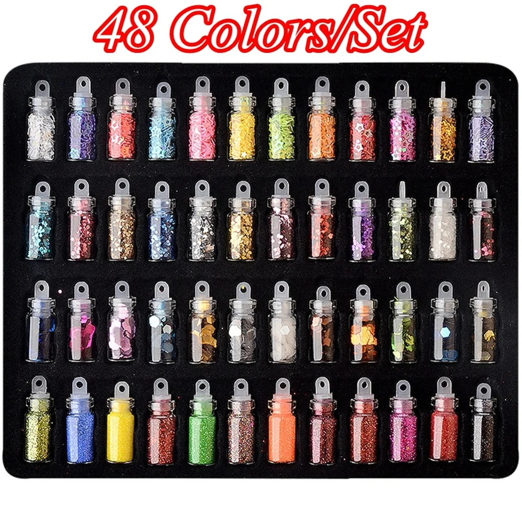 48 Bottles/Set Colorful Nail Sequins Art Glitter Powder Polish Stickers Mixed Design Manicure Decoral Tips Set |