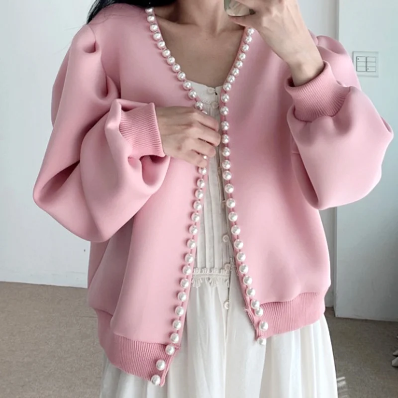 

Chic Woman Pearls Beaded Edging Coat V-Neck OL Bomber Jacket Female Cardigan Long Lantern Sleeve Crop Tops Chamarras Windbreaker