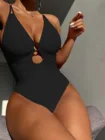 Сексуальный однотонный черный слитный купальник, Женский монокини с лямкой через шею и V-образным вырезом, с вырезами и перекрестными лямками на спине, пляжный купальный костюм, купальник