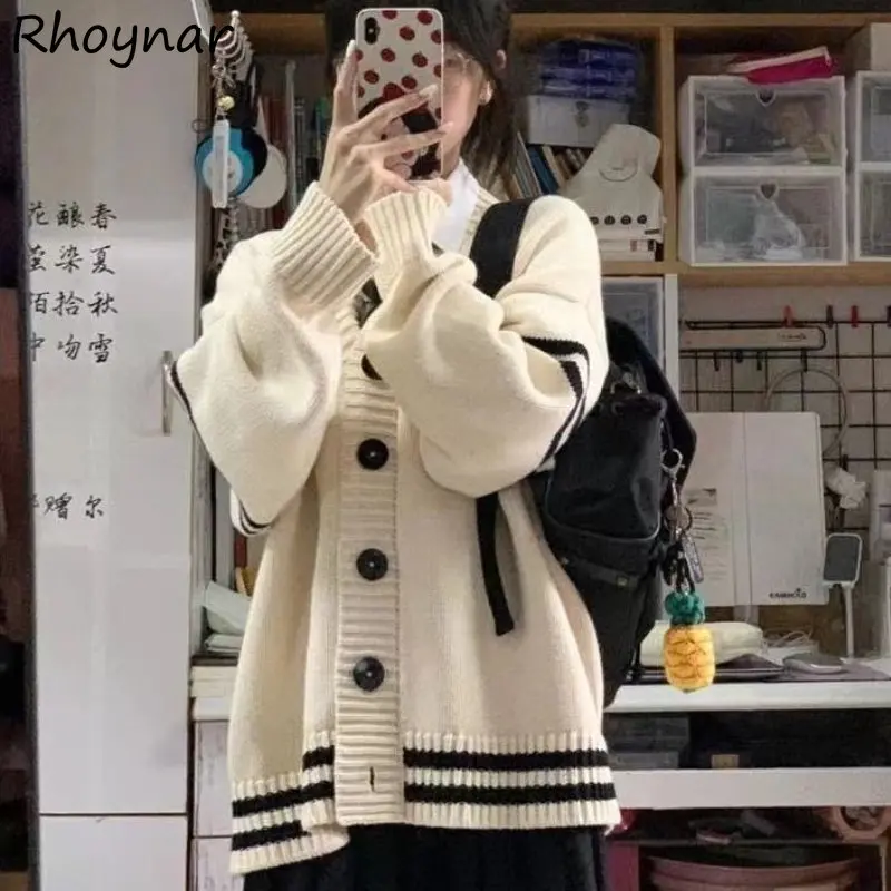 

Cardigan Women Sweaters Sweet Baggy Japanese Preppy Students Panelled Vintage Knitwear V-neck Chic Girlish Casual Korean Fashion