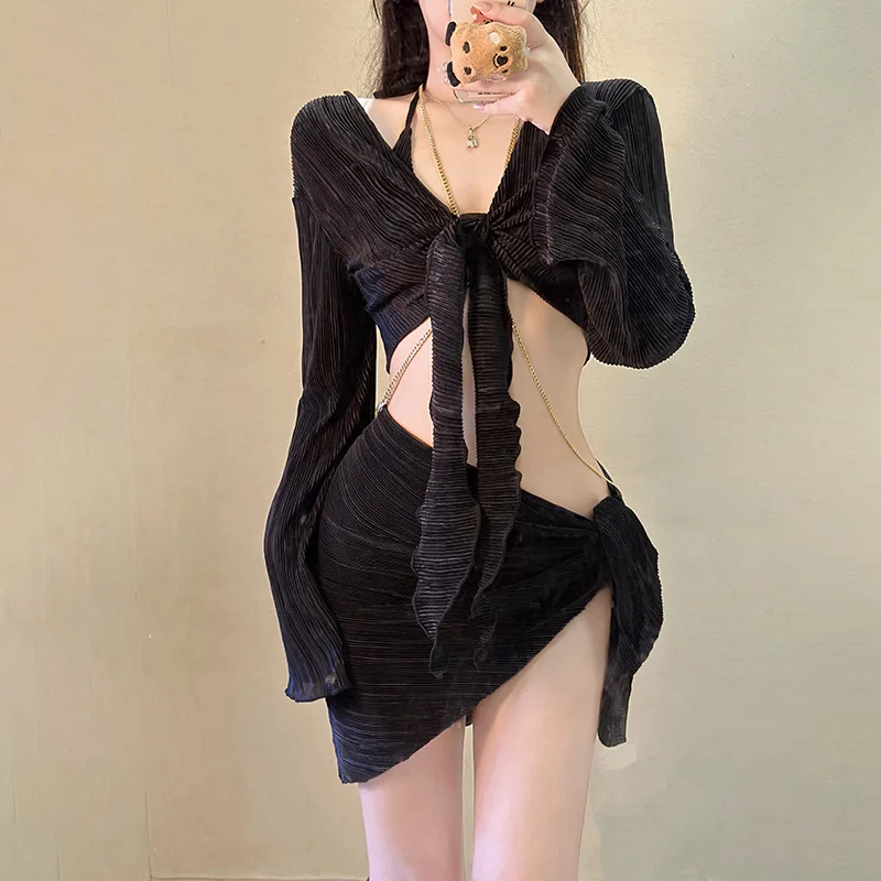 Новинка 2024 Модный комплект бикини из 4 предметов женский черный однотонный