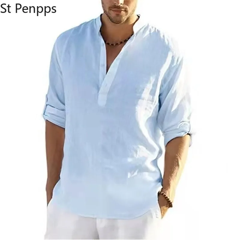 Новинка 2022 мужская повседневная блузка рубашка из хлопка и льна свободные топы