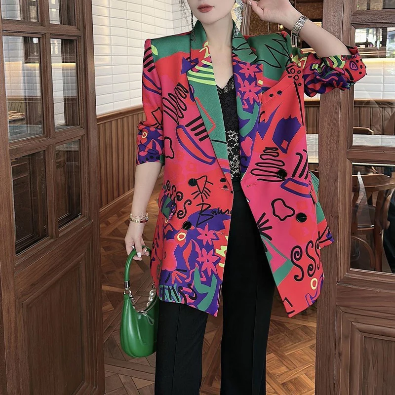 High street style Temperament Printed Suit Jacket 2023 Women Spring New Long-sleeve Casual Bomber fashion Big Size Female Jacket