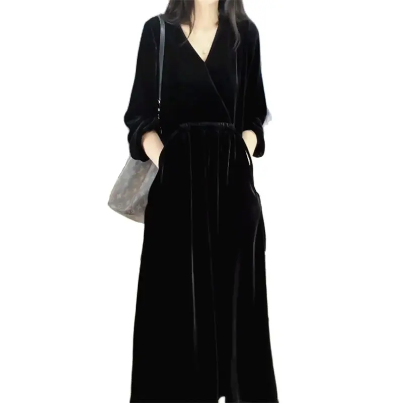 

Spring Large Size Gold Velvet Dress Women's Clothing 2023 Autumn Winter New Long Sleeve Waist Slim Dress Black Dresses AC783