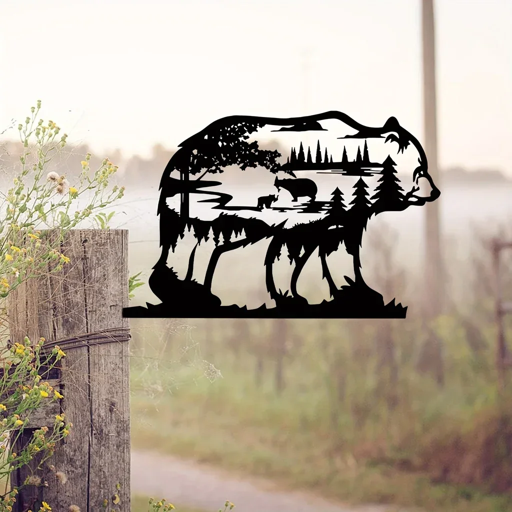 Украшение для стен в виде черного металлического лесного медведя: деревенский