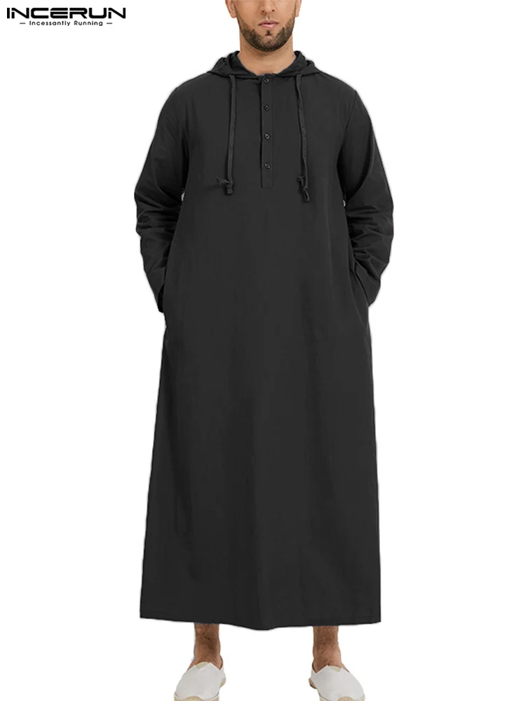INCERUN 2023 New Men Muslim Hoodies Robe Saudi Arab Long Sleeve Kaftan Long Islamic Clothes Jubba Thobe Masculina Clothes S-5XL