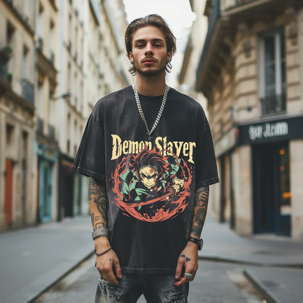 Футболка оверсайз с аниме рассекающий демонов уличная одежда в стиле хип-хоп