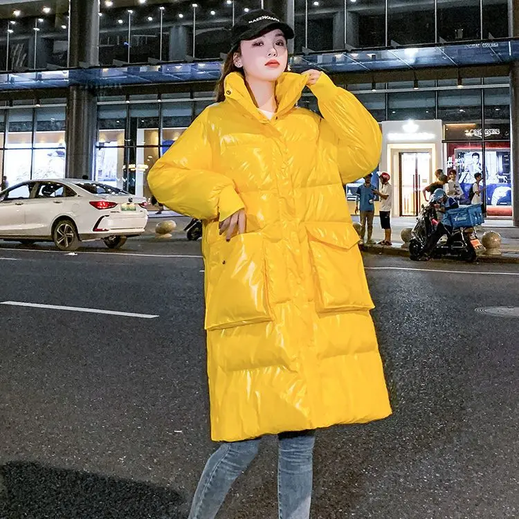 Glossy Free Wash Down Cotton Coat for Women Long Thick Warmth Stand Collar Parkas 2023 Winter New Loose Clothing Feminine S90