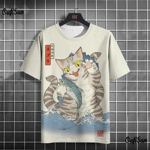 Футболка унисекс 2024, мужская и женская футболка с 3D-принтом японского самурайского кота, Повседневная модная забавная футболка, верх, Новинка