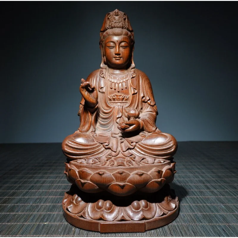 

8.3" Collect Chinese Box-wood Carving Buddhism Sitting Lotus Kwan-yin Statue Craft Gift Decoration Home Decore