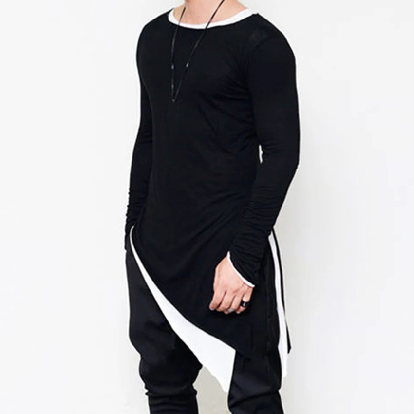 

Men's Long Sleeve Tee Shirt Side Sharp Swag Hem Tshirt Men Streetwear Fashion Asymmetrical Men Side Extended T Shirt Cloth