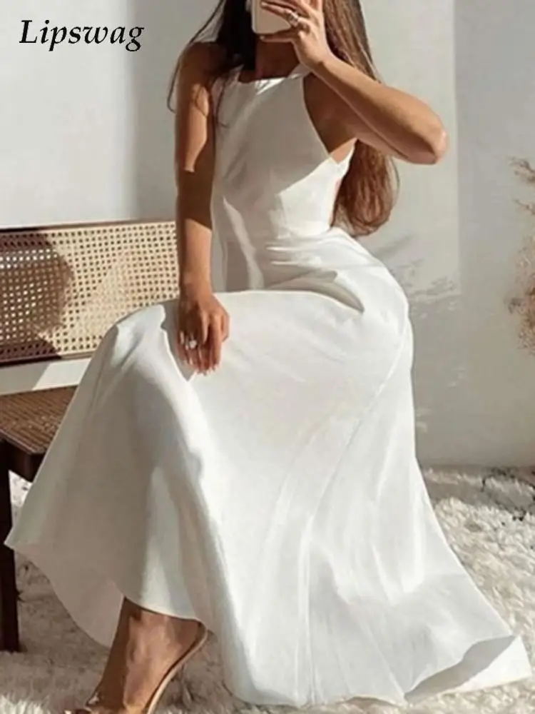 

Женское элегантное однотонное вечернее вечерние с О-образным вырезом, летнее Модное Длинное платье без рукавов с высокой талией, женское пл...