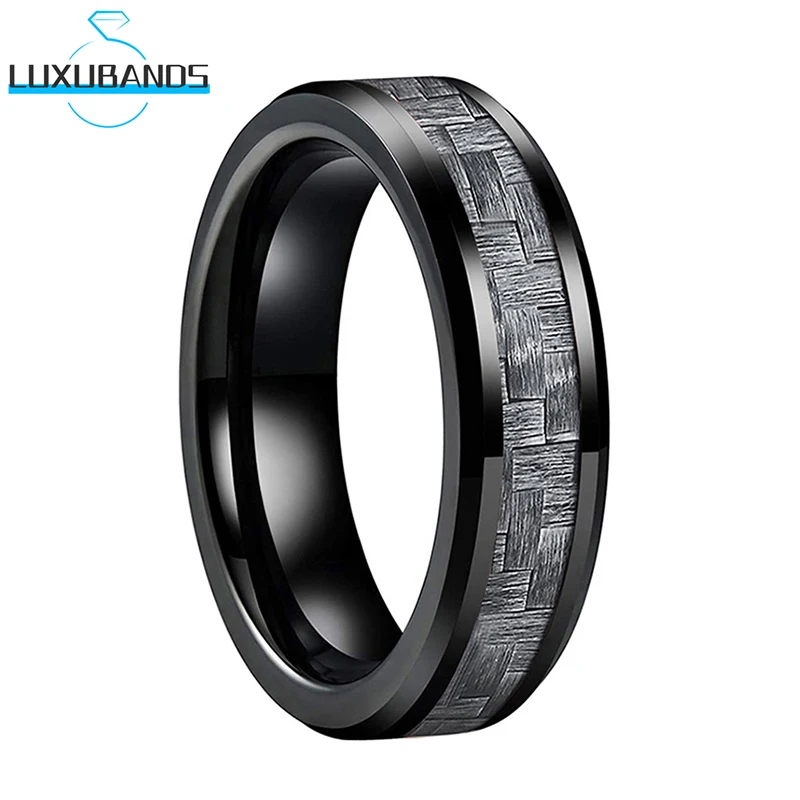 

Black Tungsten Carbide Wedding Ring For Women Men Grey Carbon-Fiber Inlay 8mm 6mm Beveled Edges Polished Finish Comfort Fit