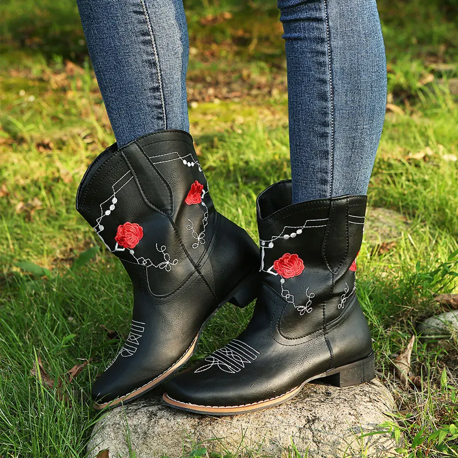 

Women Pu Short Boots Flower Embroidery Slip-on Shoes Lady Square Heel Mid-Calf Boot Female Autumn Winter Shoe Zapatos De Mujer