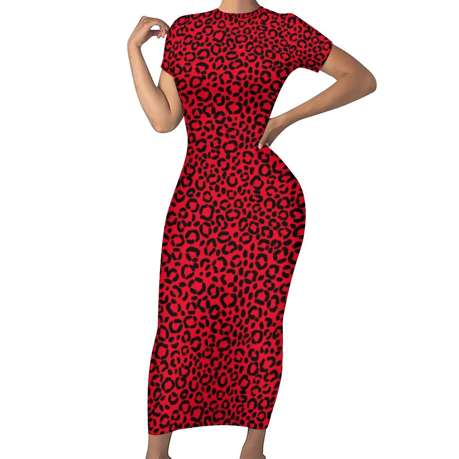 

Красно-черное облегающее платье с леопардовым принтом, летние пикантные Макси-платья с животным мехом, платье с коротким рукавом, большой р...