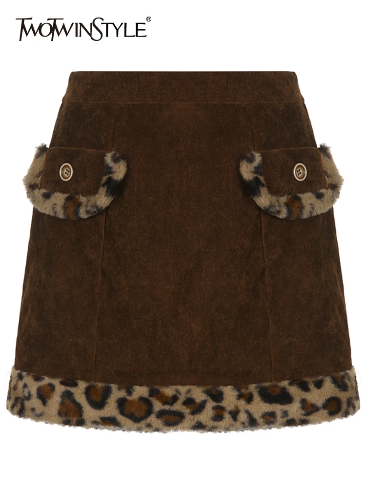 

TWOTWINSTYLE Tweed Slim Sexy Skirt For Women High Waist Patchwork Leopard Colorblock Mini Skirts Female Summer Clothing Fashion