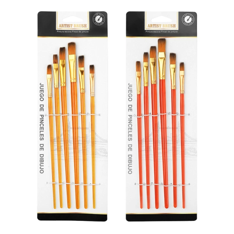 

Acrylic Paint Brush Flat Nylon Hair Tip Colored Pole for Painting Kid Adult 6x Top Quality