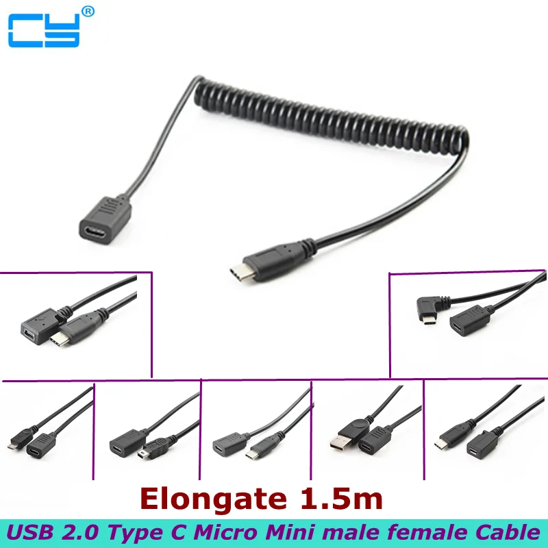 

1.5m USB 2.0 Micro Mini Male Female to Type-C Male Female Spring Retractable OTG Cable for Mobile Phone Tablet Digital Camera