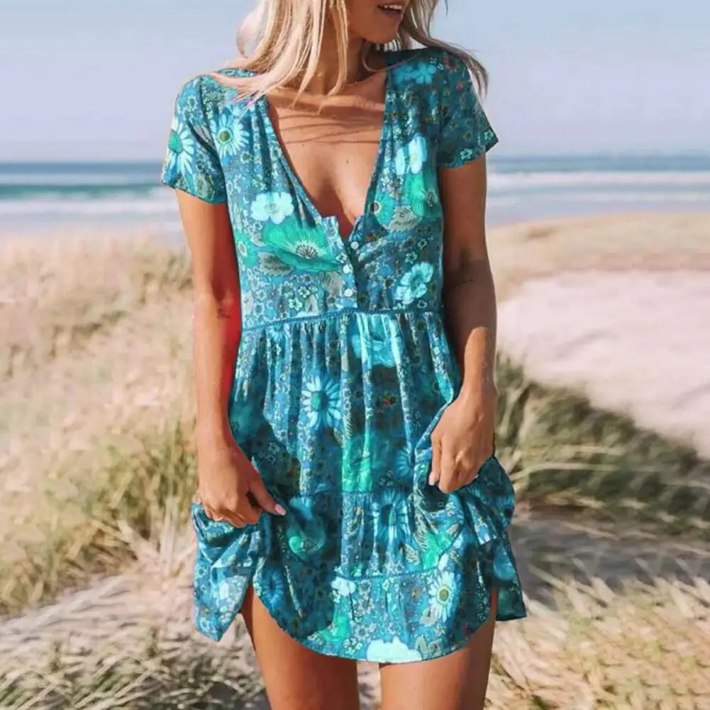 

Женское свободное мини-платье с V-образным вырезом и цветочным принтом