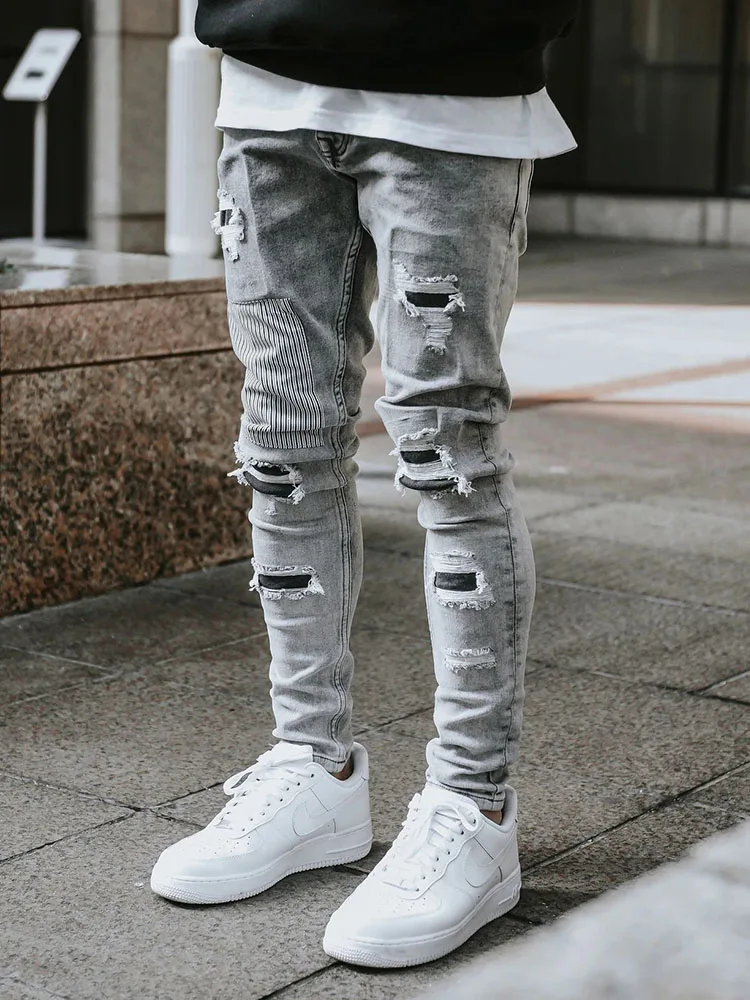Men's Skinny Ripped Jeans Streetwear Fashion Beggar Patch Men Pencil Pants Grey/Blue Slim Denim Trousers Casual Jeans for Men