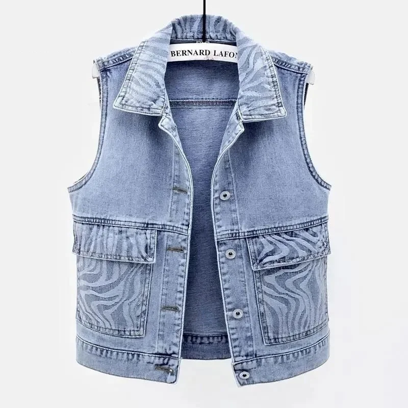 

Женский джинсовый жилет, повседневная короткая джинсовая куртка без рукавов с декоративным узором, весна-лето 2023