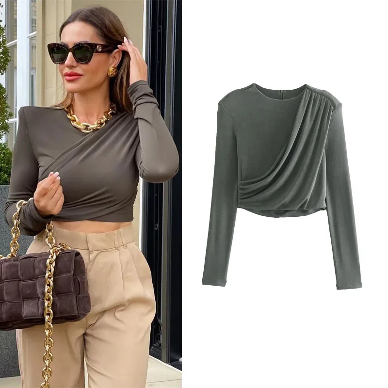 

TRAF 2023 Women Cropped Ruched Top Fashion Shoulder Pad Shirt And Blouses Female O-neck Long Sleeve Top Sexy Slim Short Blouse