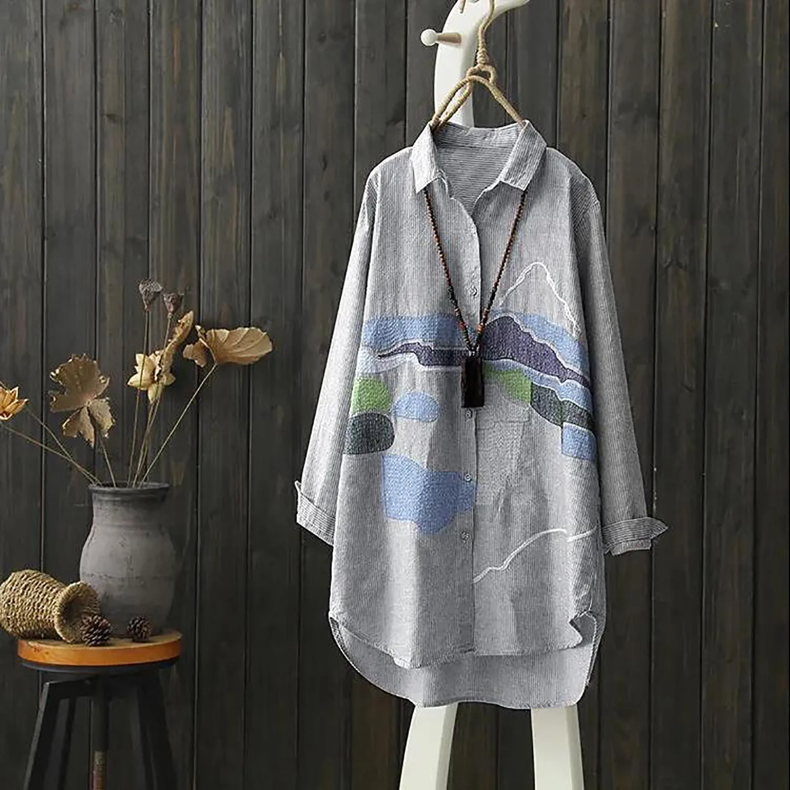 

Women Cotton Linen Long Sleeve Top Shirt Printing Streetwear Buttons Turn-down Collar Loose Blouses Blusas Spring 2023 Clothing