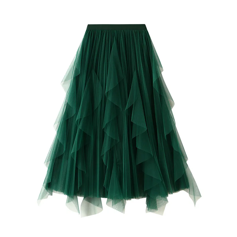 

2022 Summer Korean Fashion Midi Long Tulle Skirt Women Elegant Ruffles High Waist Pleated A Line Skirt for Female