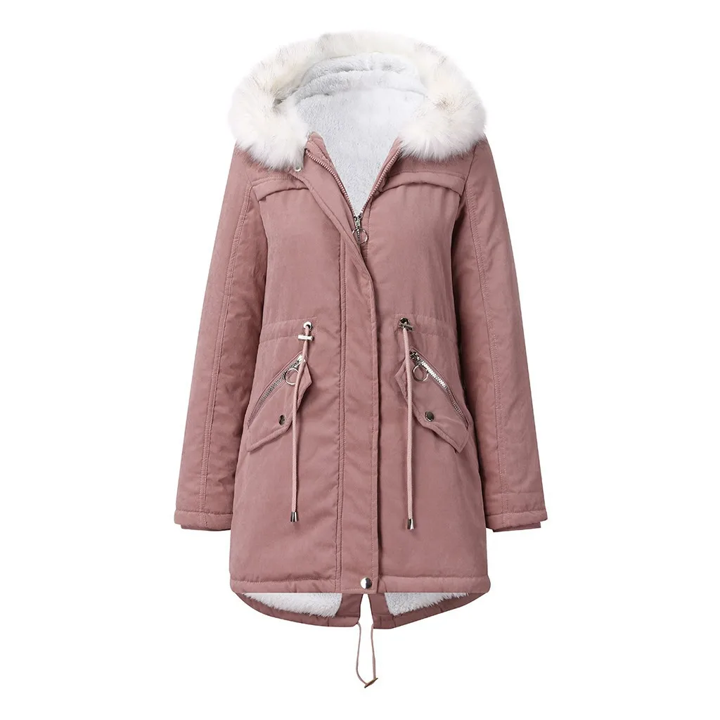 Women's Cotton Coat White Wool Collar Parka Medium Long Hooded Winter Warm Velvet Coat Women's Cotton Coat Winter Clothes Women