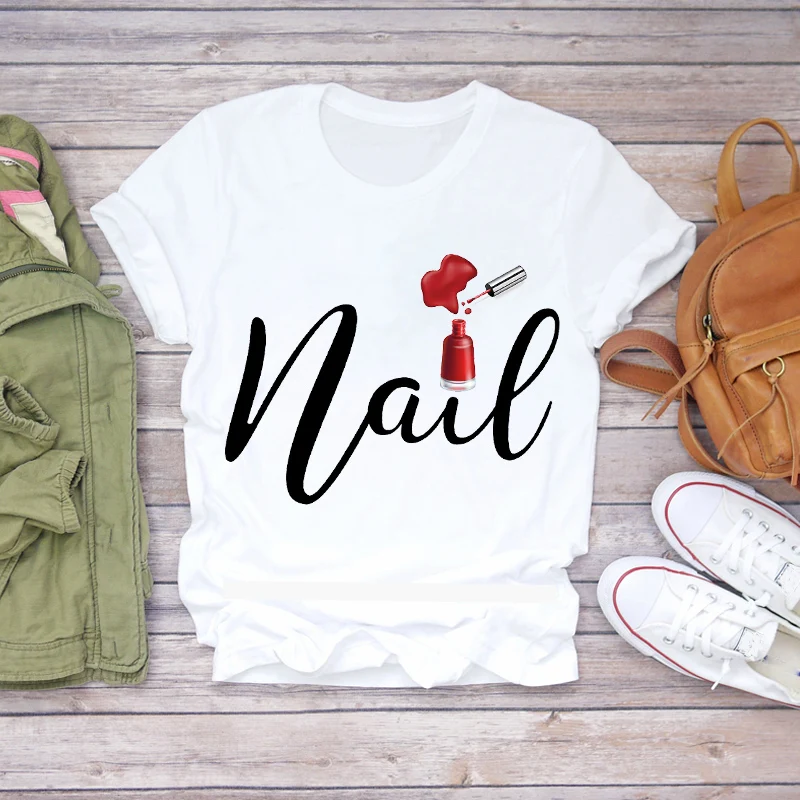 

Fashion Woman Blouses 2022 T-shirt Summer Nail Art Make Up 90s Ladies Oversized T-shirts Ladies Funny Short Sleeve Clothes Tops