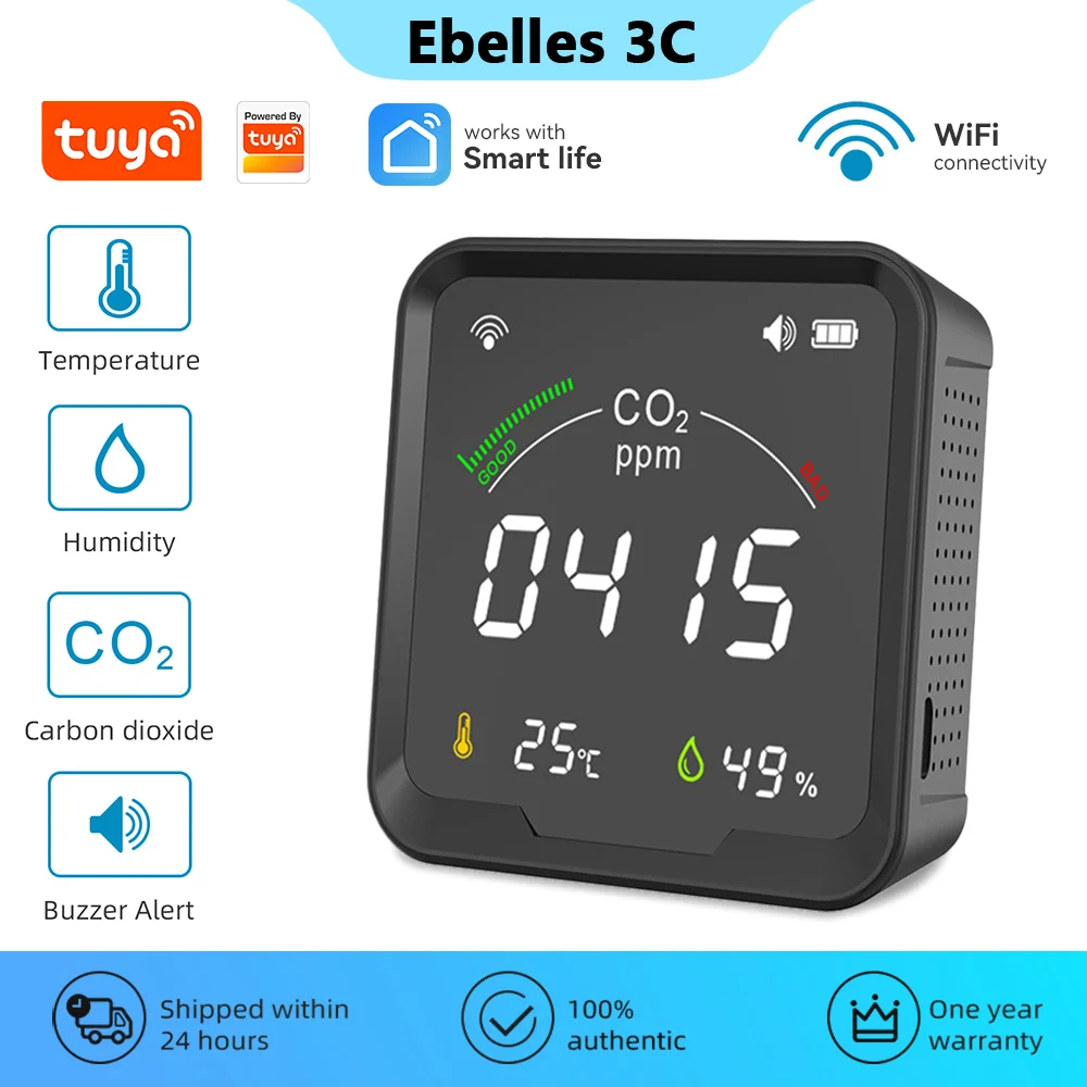 

Tuya WiFi Co2 Sensor Smart Infrared Air Quality Sensor Temperature Humidity Detector with LED Screen Residential Automation