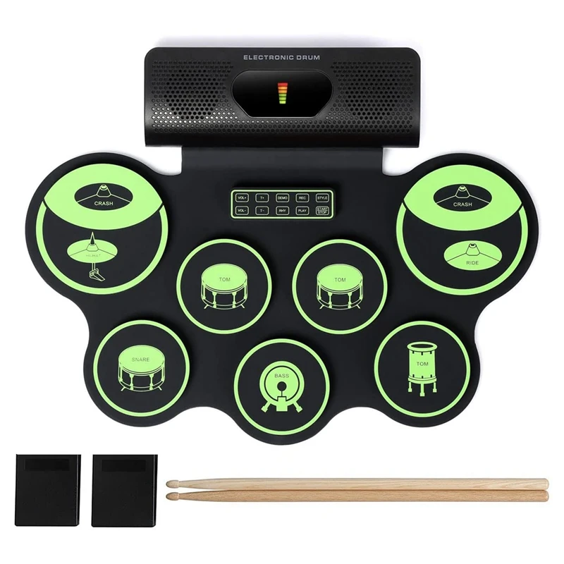 

9 Pads Portable Electronic Drum Set With Built-In Speakers, Power Supply, Foot Pedals And Drumsticks