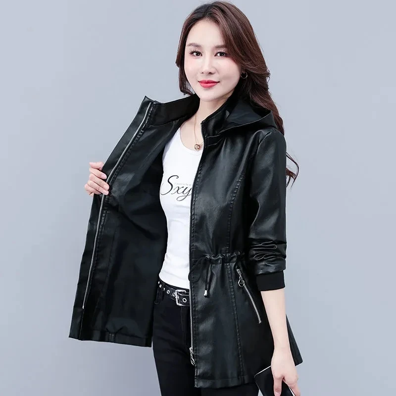 

2022 New Women Jacket Black PU Faux Leather Jackets Zipper Basic Coat Turn-down Collar Hooded Motor Biker Jacket Outerwear