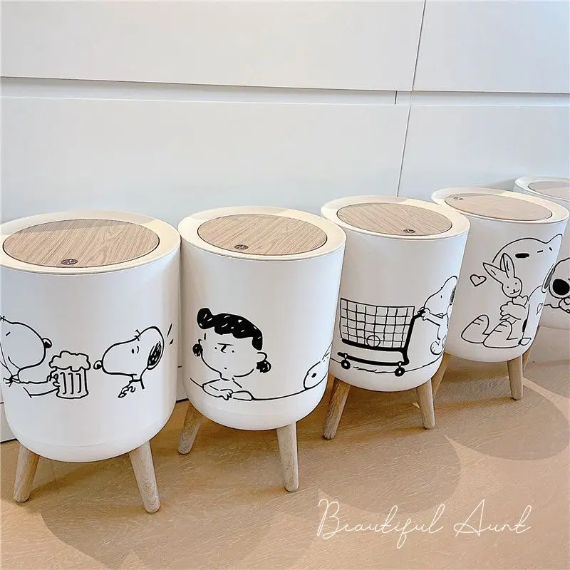 

New Snoopy Trash Can Kawaii Japanese Household Cartoon Log Bomb Lid Garbage Bin Office High Foot Sundry Storage Bin