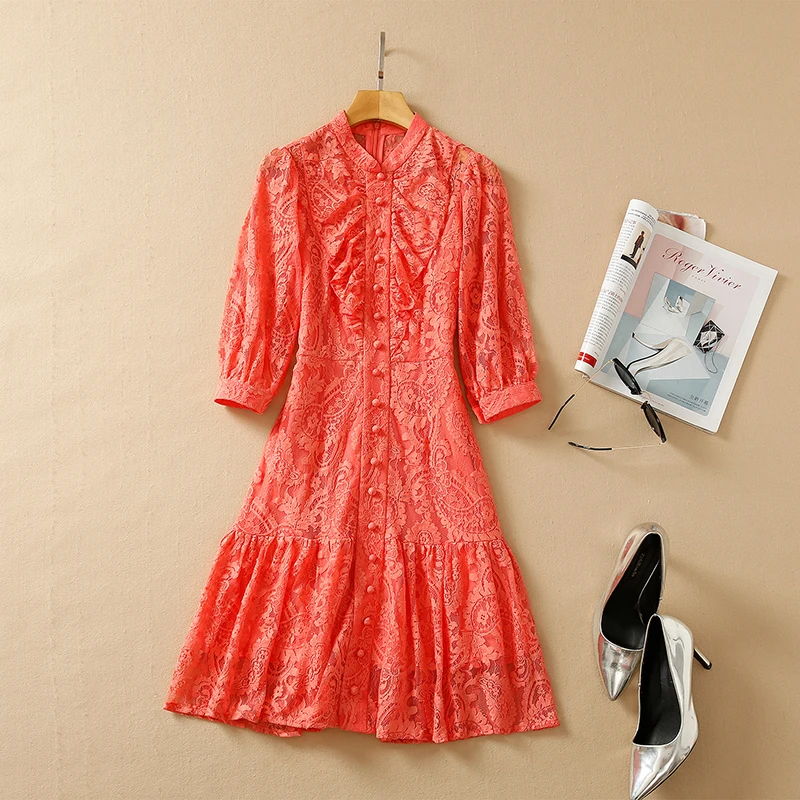 

MIUXIMAO 2022 High Quality Spring&Summer Elegant Dress Short Sleeve Stand Collar Lace Gauze Fashion Short Dress Women Vestides