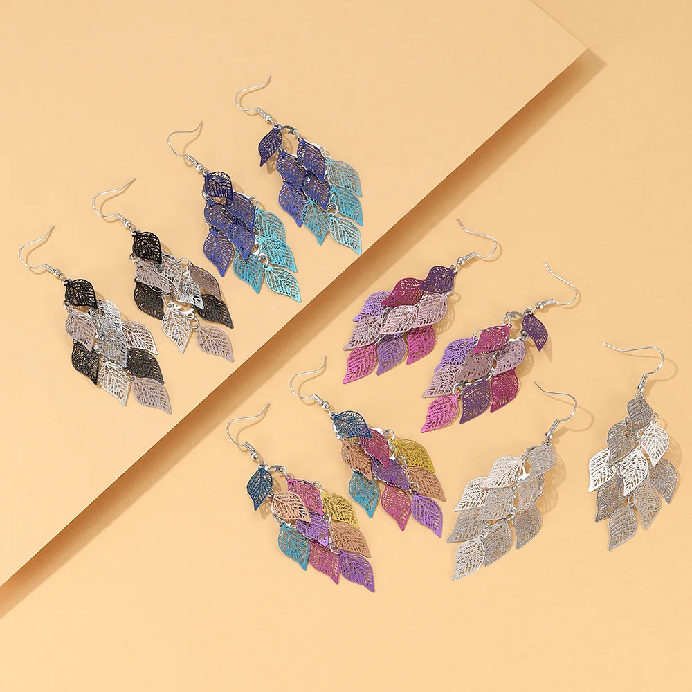 

Boho Colorful Leaf Long Dangle Earrings for Women Vintage Hollow Leaves Drop Earrings Fashion Exaggerated Ear Jewelry Pendientes