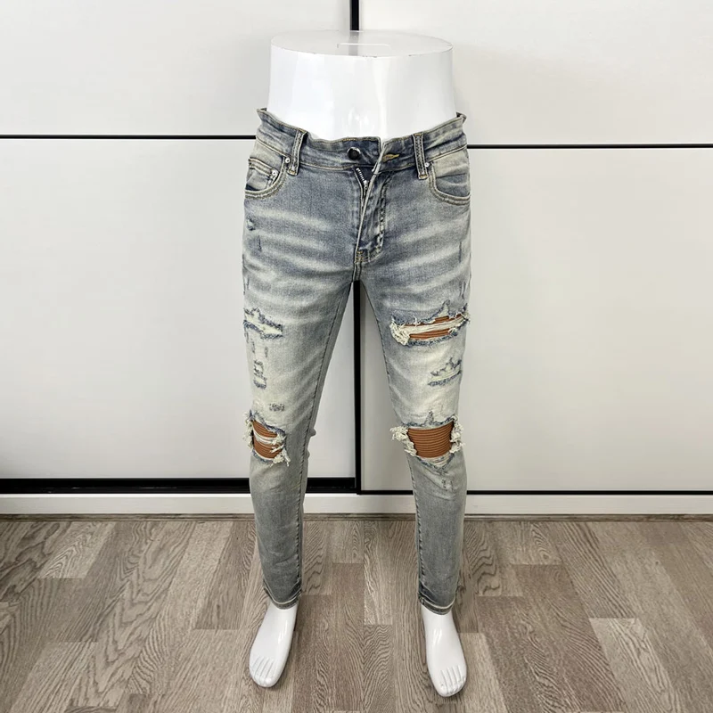 High Street Fashion Men Jeans Retro Gray Blue Elastic Stretch Skinny Ripped Jeans Men Patched Designer Hip Hop Brand Pants Homme