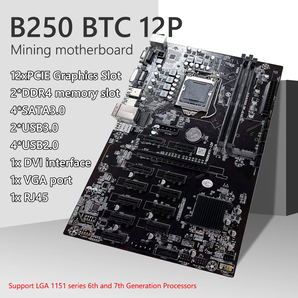 

Материнская плата B250 BTC для майнинга, 12X PCIE, графическая карта, материнская плата DDR4 DIMM SATA3.0, поддерживает процессоры LGA 1151 Gen 6/7