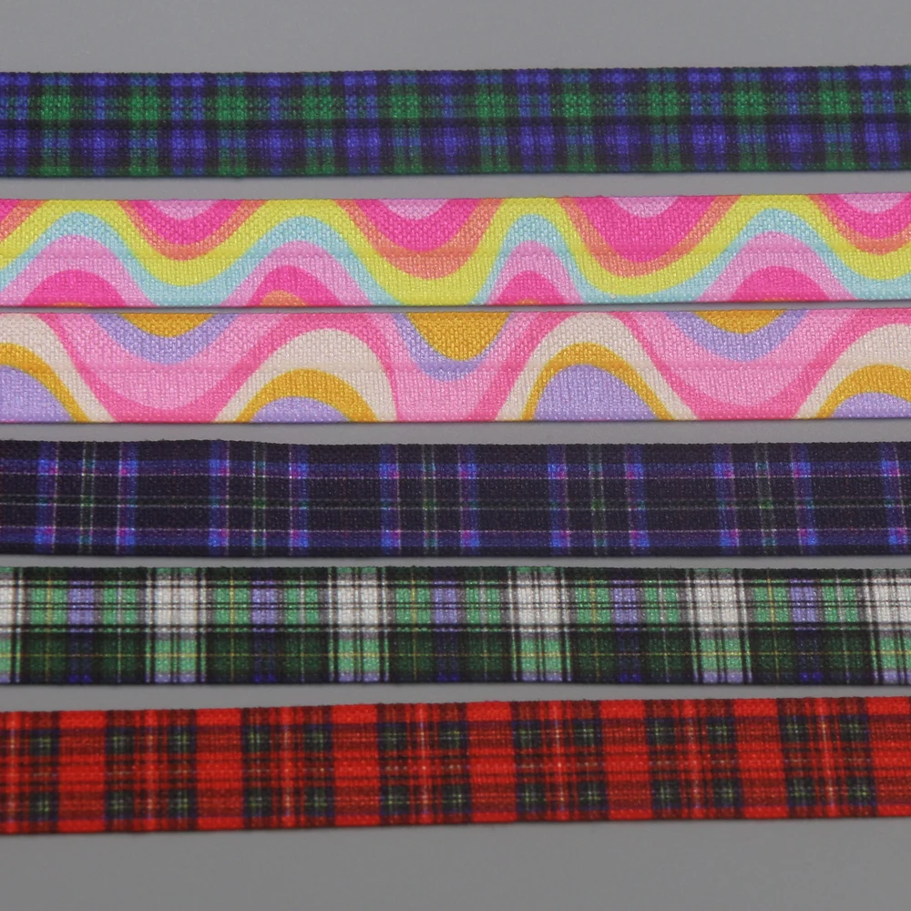 

DUWES 5/8'' 50yards Grid Plaid Stripe Printed Fold Elastic FOE Stretch Ribbon Accessories Decorations Craft DIY Sewing D2232