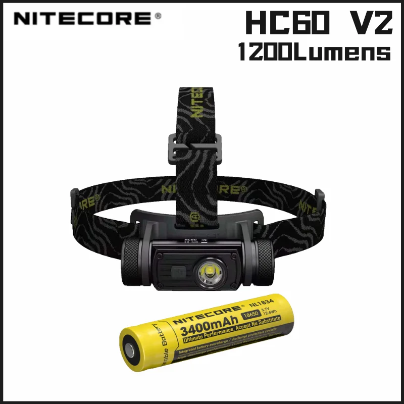 NITECORE HC60 V2 Headlamp 1200 Lumens Rechargeable Utilizes a P9 LED Source Headlight With 3400mah Battery