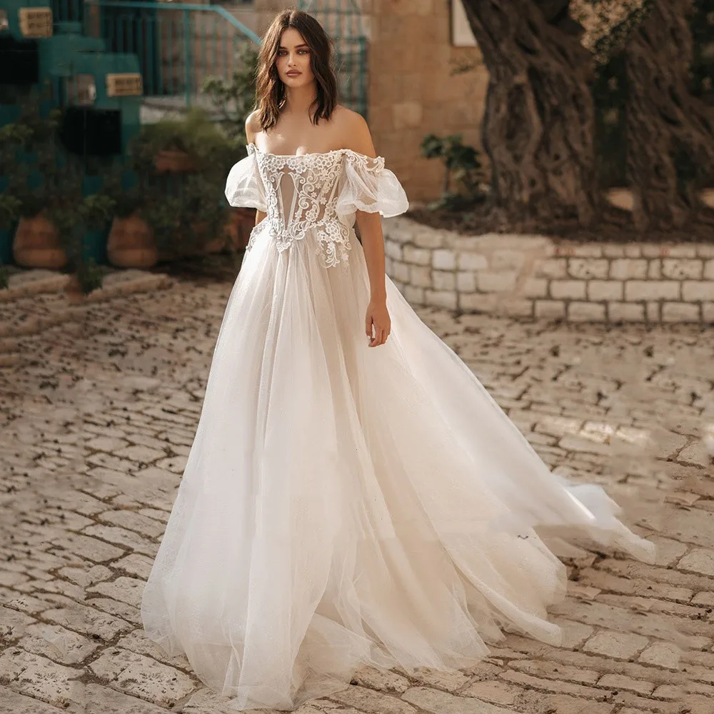 Modern A-Line Wedding Dress For Women 2023 Custom Made Robe De Mariee Strapless Detachable Puff Sleeves Bridal Gown
