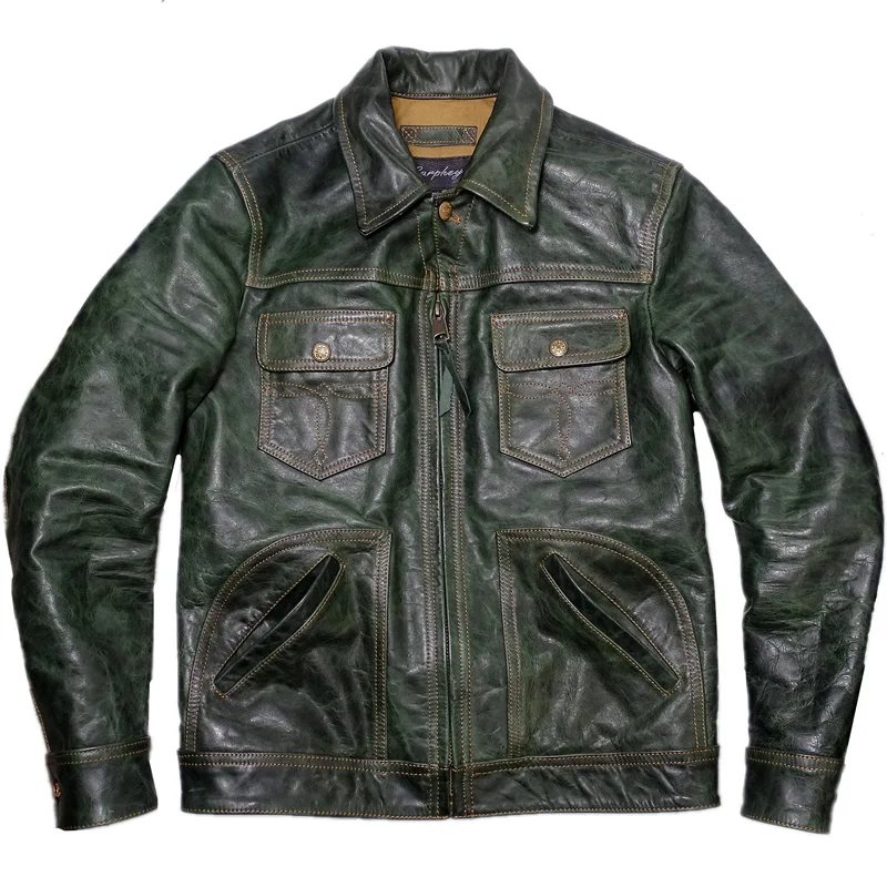 

Мужская Короткая кожаная куртка из конской шкуры, тонкая жесткая зеленая Классическая ковбойская мотоциклетная куртка, ветрозащитная теплая винтажная одежда