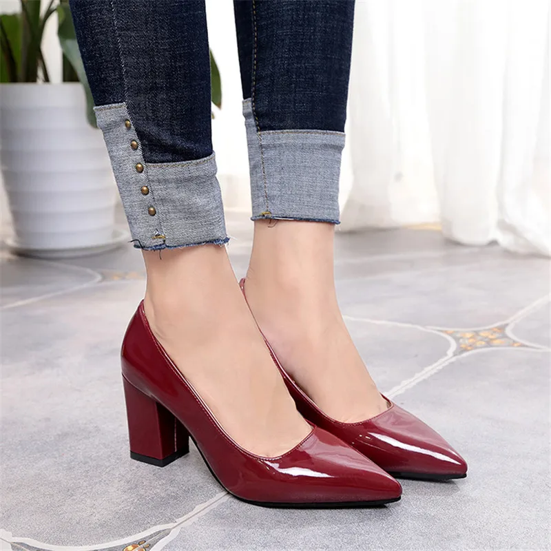 

New Women Pumps Black High heels 7.5cm Lady Patent leather Shallow Thick with Autumn Pointed Single Shoes Slip-On Female Shoes
