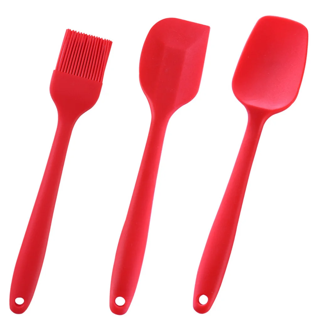 

3Pcs Red Kitchen Baking Utensil Set Cake Cream Fondant Scraper Brush Spatula Silicone Baking Tool Kit Black/Pink