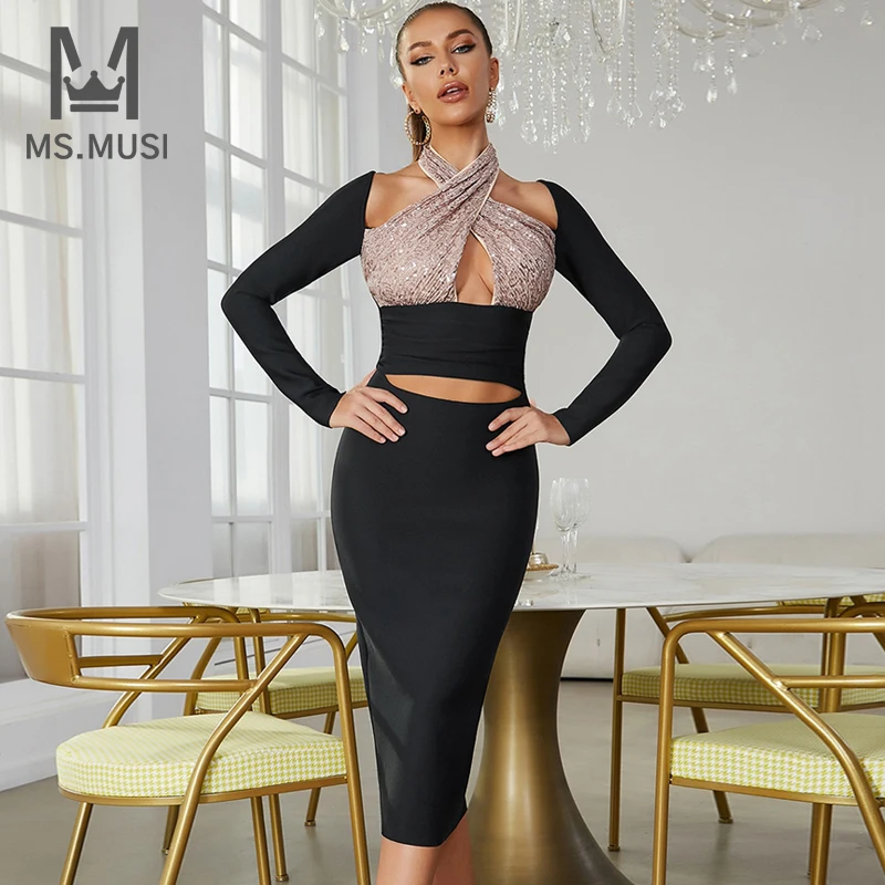 

Новинка 2023, модное женское сексуальное платье-миди MSMUSI составного кроя с блестками и длинным рукавом, вечерние вырезами, Бандажное, вечернее, Клубное, облегающее