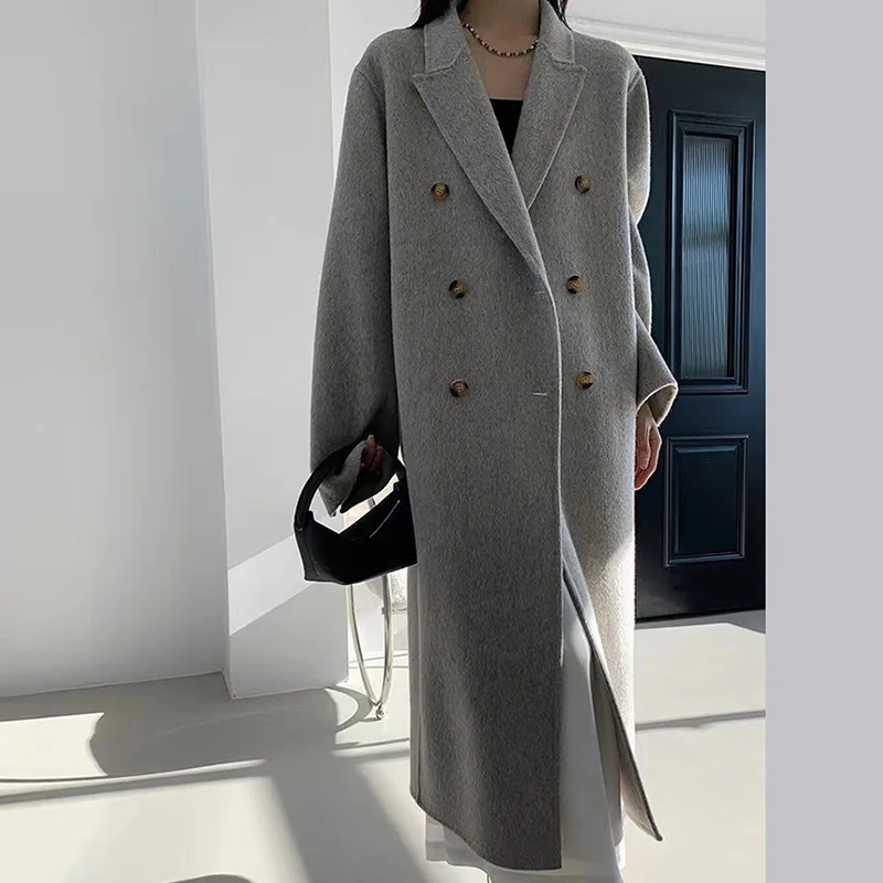 

Зимнее 2022 темпераментное двубортное длинное шерстяное пальто из альпаки, женское свободное шерстяное пальто ручной работы в Корейском стиле, куртка