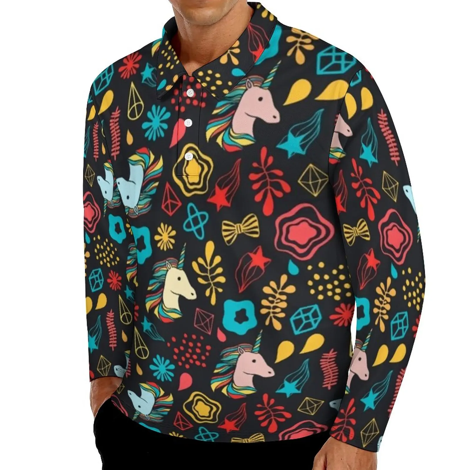 

Повседневные футболки с единорогом для вечерние, милые рубашки-поло с животным принтом, Мужская осенняя одежда с длинным рукавом и графичес...