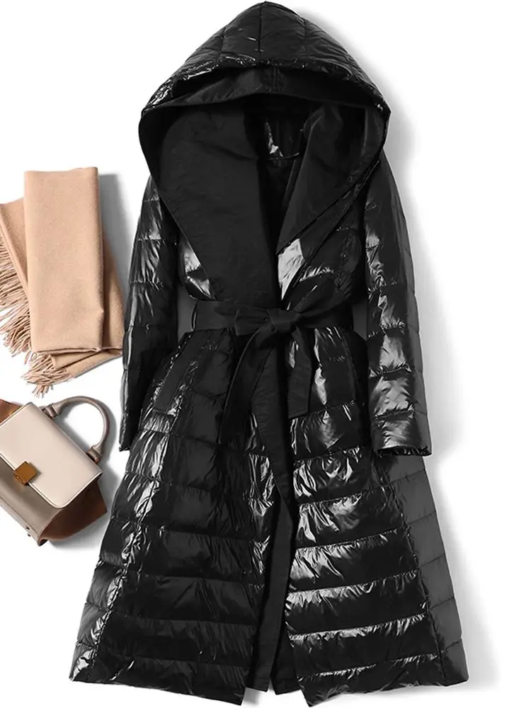 Women Long Down Jacket New Casual Style Belt White Duck Down Jackets Autumn Winter Coats And Parkas Female Outwear
