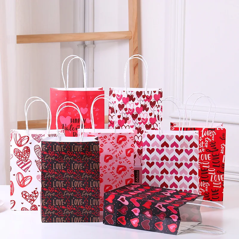 

Valentine's Day Paper Gift Bags 10Pcs Bulk Kids Party Favor Paper Bag with Handle for Goodie Candy Donut Cupcake Cookie Treat